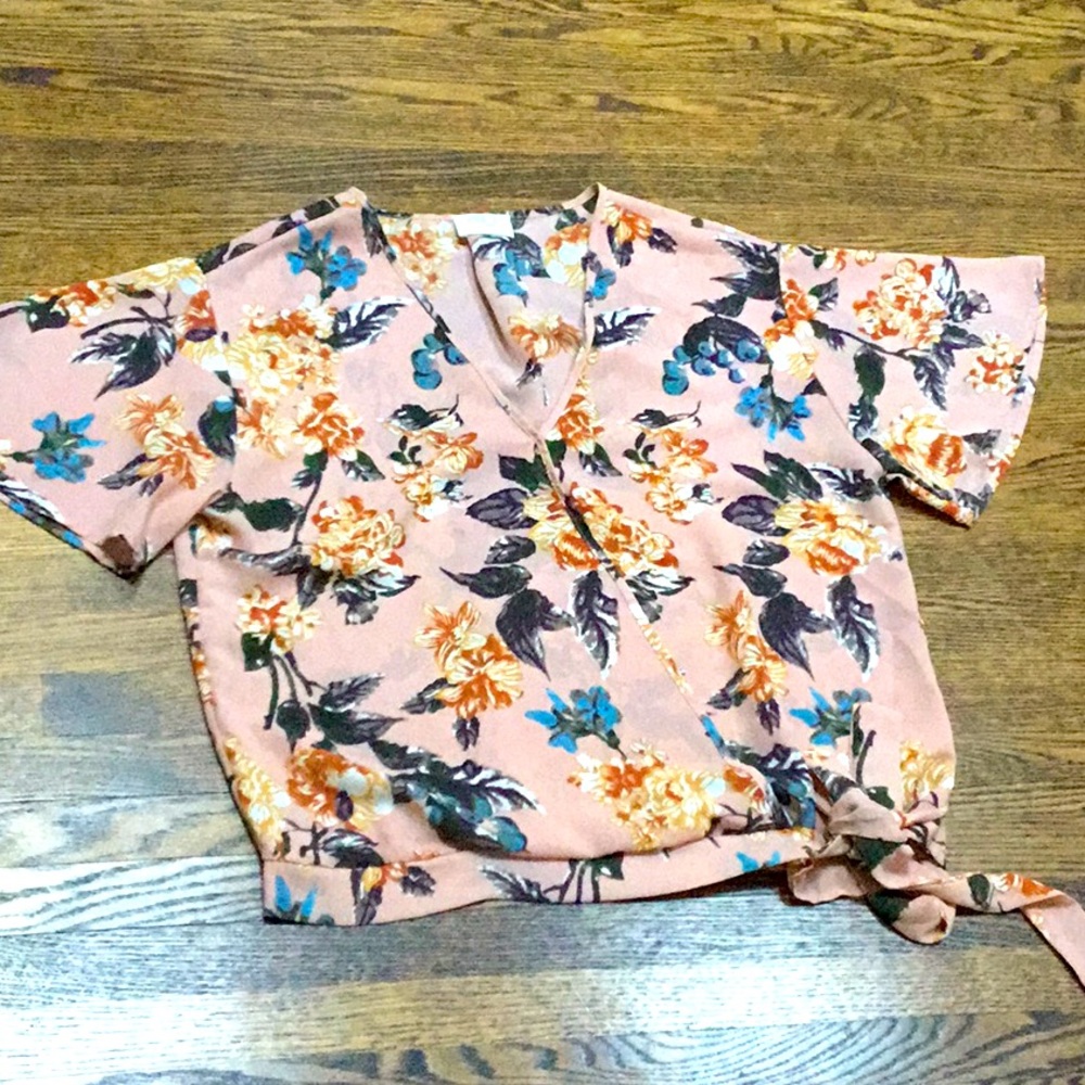 Pink Floral Chiffon Wrap Blouse